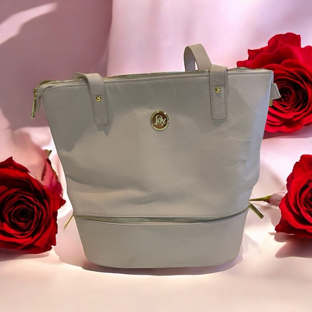Joy Mangano Leather Tote Bag Purse Double Decker W/Shoe Bag/wristlet 13x14x5"